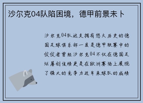 沙尔克04队陷困境，德甲前景未卜